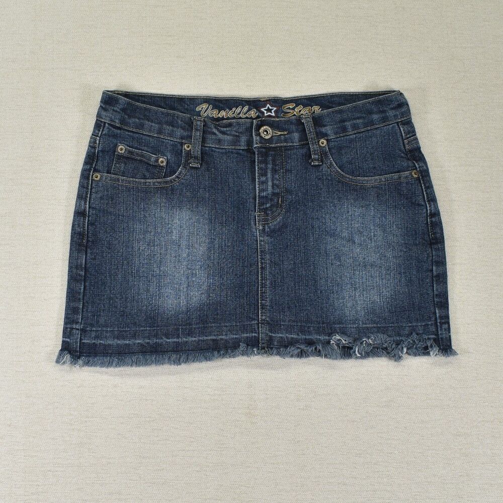 Vanilla Star Womens 5 Y2K Denim Mini Skirt Raw Frayed Hem Distressed Grunge